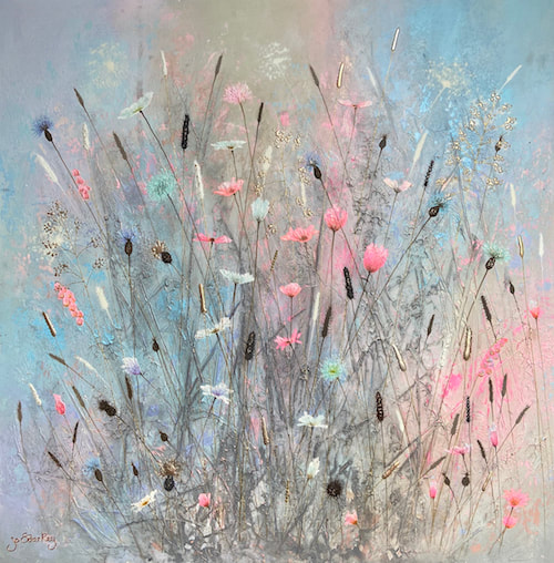 Pastel pink and blue wildflower painting