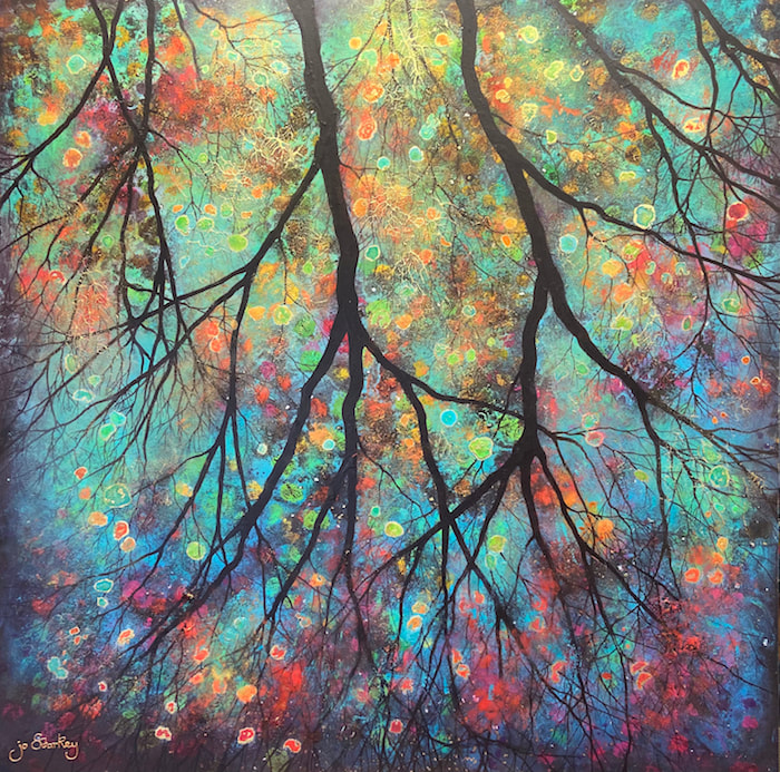 Colourful abstract tree branch painting