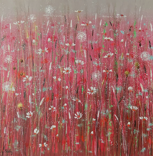 Wild Daisy Meadow Painting with Pink Backdrop