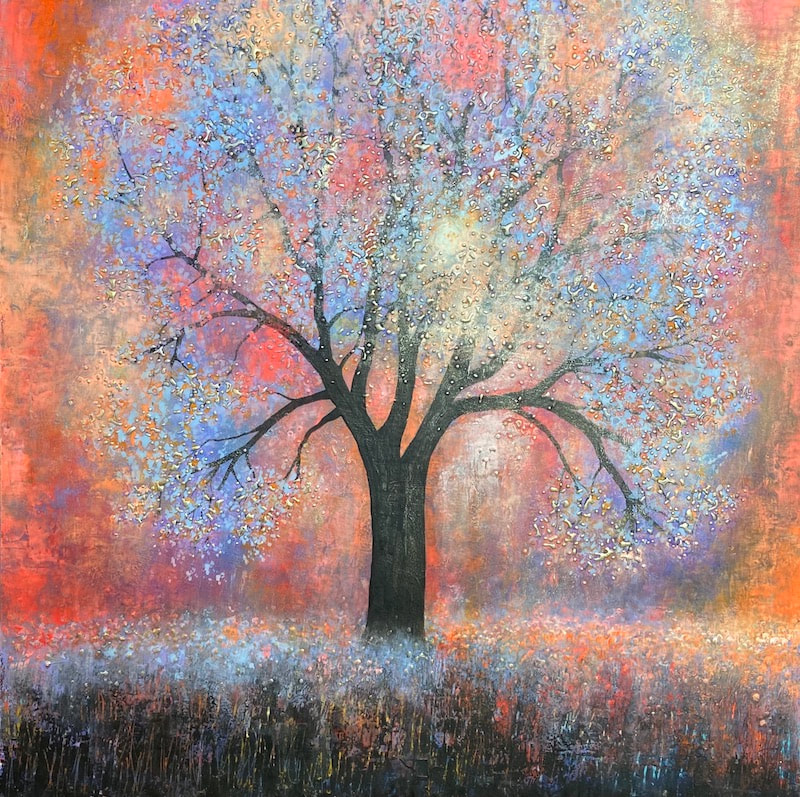 Colourful Tree Painting with Gold Shimmer