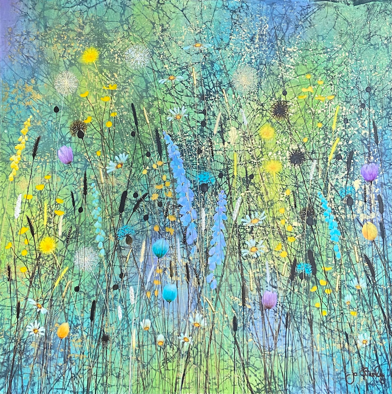 Yellow and Blue Floral Painting by Jo Starkey