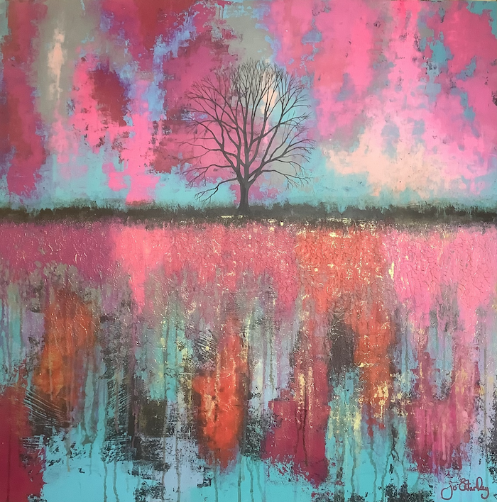 Colour landscape painting with tree on horizon by Jo Starkey